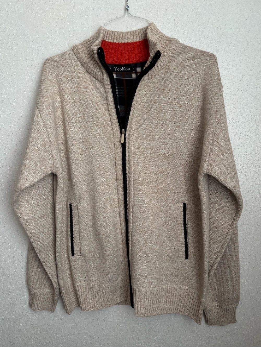 YeoKou Men's Beige Zip-Front Sweater